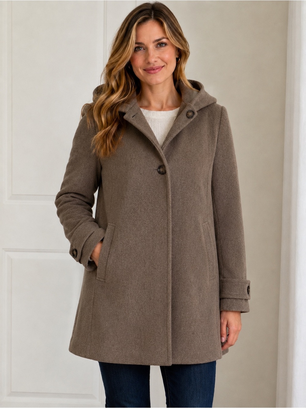Jones New York Petite Wool Blend Hooded Coat 8P Taupe Brown